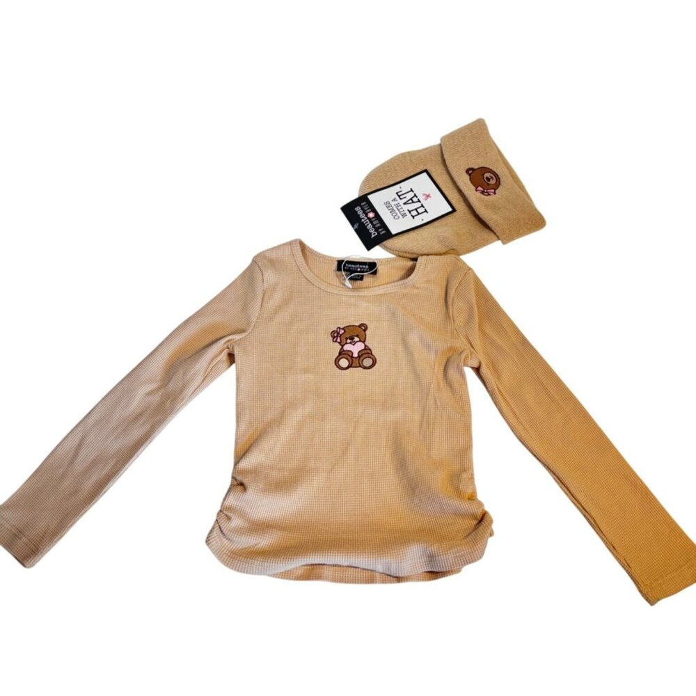 Beautees Girls Long Sleeve Beige Waffle Knit Teddy Bear Top & Hat Set Size 5 NWT